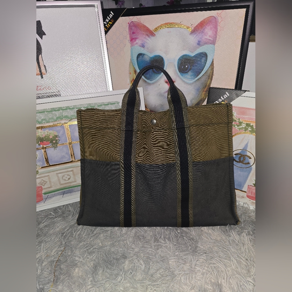 Hermès Striped Olive 🫒 Green & Blue Large Tote (GUC)(SEE PICS) - Picture 1 of 12